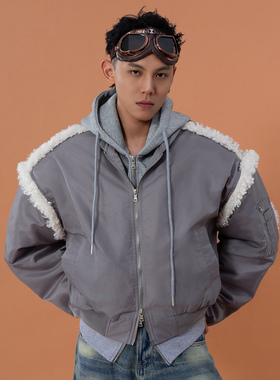 CLP灰色假两件连帽棉服男短款宽松飞行员夹克仿羊羔毛拼接外套潮