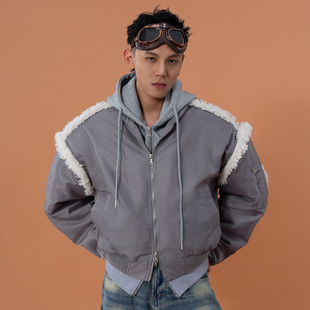 CLP灰色假两件连帽棉服男短款 宽松飞行员夹克仿羊羔毛拼接外套潮