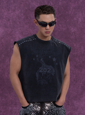 CLP x 202灰色铆钉无袖坎肩印花背心男休闲美式复古做旧街头运动