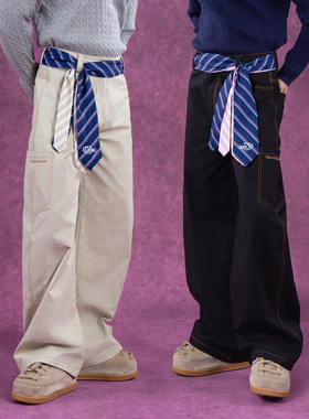 CLP黑色沙色领带系带多口袋工装休闲裤男女宽松阔腿直筒弯刀裤潮