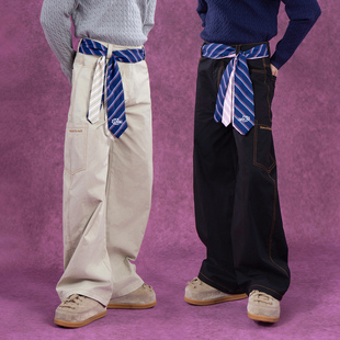 潮 男女宽松阔腿直筒弯刀裤 CLP黑色沙色领带系带多口袋工装 休闲裤