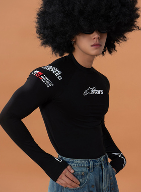 CLP黑色赛车风印花紧身长袖T恤男修身打底镂空透气休闲机能潮Y2k