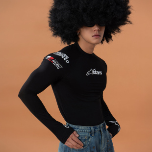 CLP黑色赛车风印花紧身长袖 打底镂空透气休闲机能潮Y2k T恤男修身