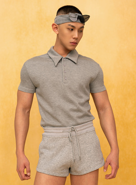 CLP浅灰色修身短袖Polo衫T恤男简约弹力运动休闲复古短款上衣潮流