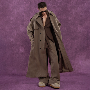 CLP灰咖色条纹长款 宽松廓形披肩风衣男女外套收腰复古系带高级感