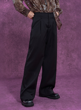 CLP黑色高腰休闲裤西裤男垂感直筒宽松阔腿简约复古长裤chic酷飒
