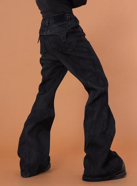 CLP黑色铆钉喇叭牛仔裤男拖地宽松堆堆裤修腿线暗黑哥特复古潮Y2K