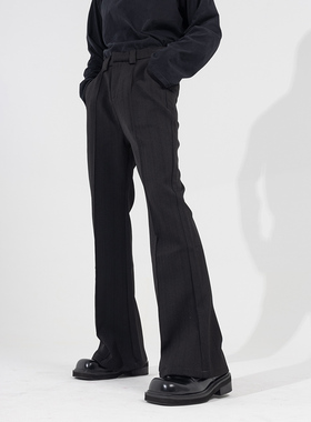 CLP黑色灰色条纹修身喇叭西裤休闲裤男直筒长裤宽裤袢中线潮流ins