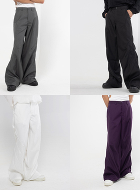 CLP黑白灰紫色斜立裁设计休闲裤西裤男宽松直筒褶皱阔腿喇叭长裤