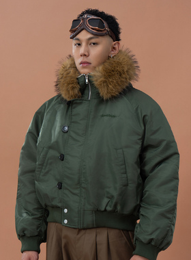 CLP绿色皮草毛领连帽廓形棉服夹克男女宽松廓形休闲潮流外套保暖