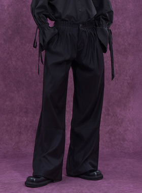 CLP黑色百褶边腰封休闲裤西裤男宽松直筒阔腿垂感复古酷飒高级感