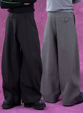 CLP黑灰大阔腿休闲裤西裤男宽松直筒垂感弯刀裤复古潮拖地喇叭裤