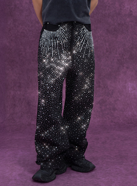 CLP黑色满天星闪钻阔腿牛仔裤男宽松直筒复古酷飒潮流街头时髦ins