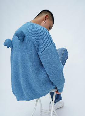 CLP原创蓝橙翅膀设计休闲针织衫毛衣开衫宽松廓形长短款外套男女