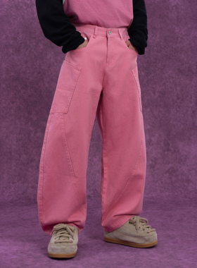 CLP粉色弯刀裤大口袋工装牛仔裤男宽松阔腿直筒复古拼接高街休闲