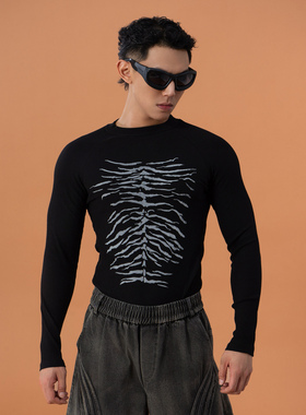 CLP黑色骨架印花罗纹紧身长袖T恤男女修身弹力运动打底圆领休闲潮