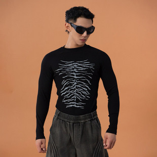 CLP黑色骨架印花罗纹紧身长袖 弹力运动打底圆领休闲潮 T恤男女修身