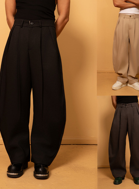 CLP灰黑卡其色弯刀裤休闲裤西裤男宽松阔腿垂感直筒潮流裤褶复古