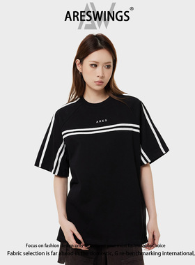 ARESWINGS夏季印花撞色条纹拼接短袖夏季宽松休闲短袖T恤男女
