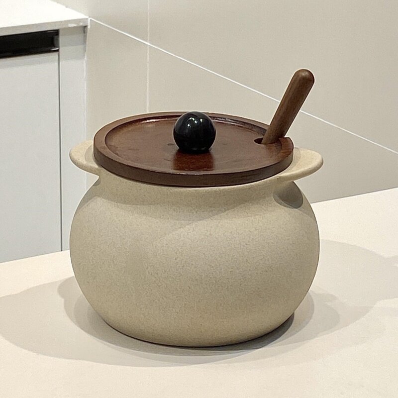 猪油罐家用陶瓷耐高温食品级日式粗陶双耳罐大容量固体调味罐带盖