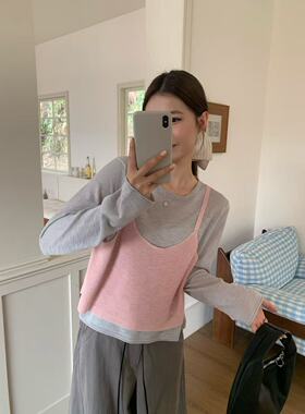 欧洲站2026年春夏新款女装缤典正品时尚吊带假两件针织衫长袖毛衣