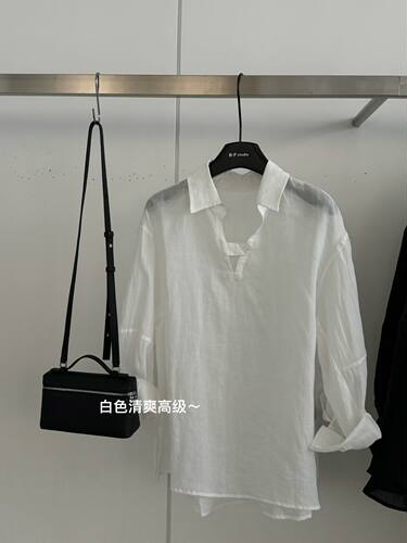 欧洲站2026年夏季Big Family百搭宽松V领长袖麻料衬衫防晒上衣女