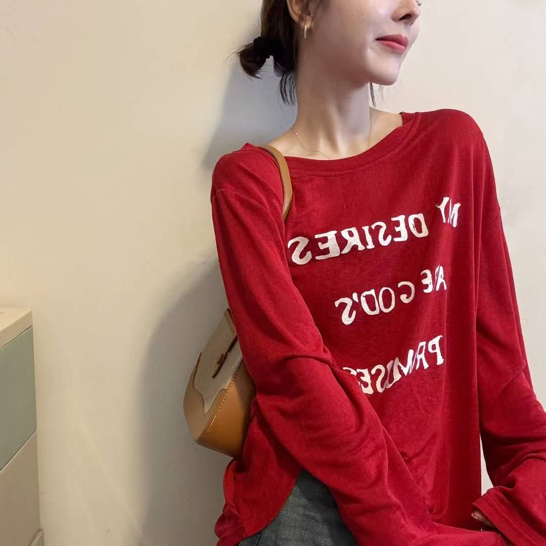 欧洲站2025年夏季新款女装正品时尚圆领长袖字母印花防晒T恤上衣