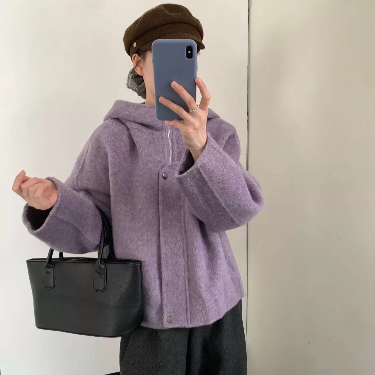 欧洲站2025年冬季新款女装时尚拉链双面羊毛毛呢外套连帽上衣开衫