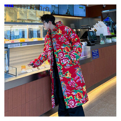 中长款棉衣外套东北大花中国风棉服男女宽松保暖防寒连帽棉袄子男