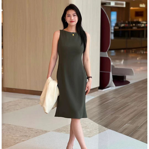 TH女装夏季无袖三醋酯纤维混纺船领修身瑞秋裙鱼尾连衣裙职业装