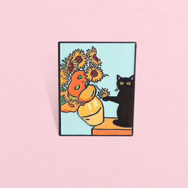 26梵高向日葵黑猫胸针 名画改编趣味珐琅别针 文艺风小众金属徽章图片