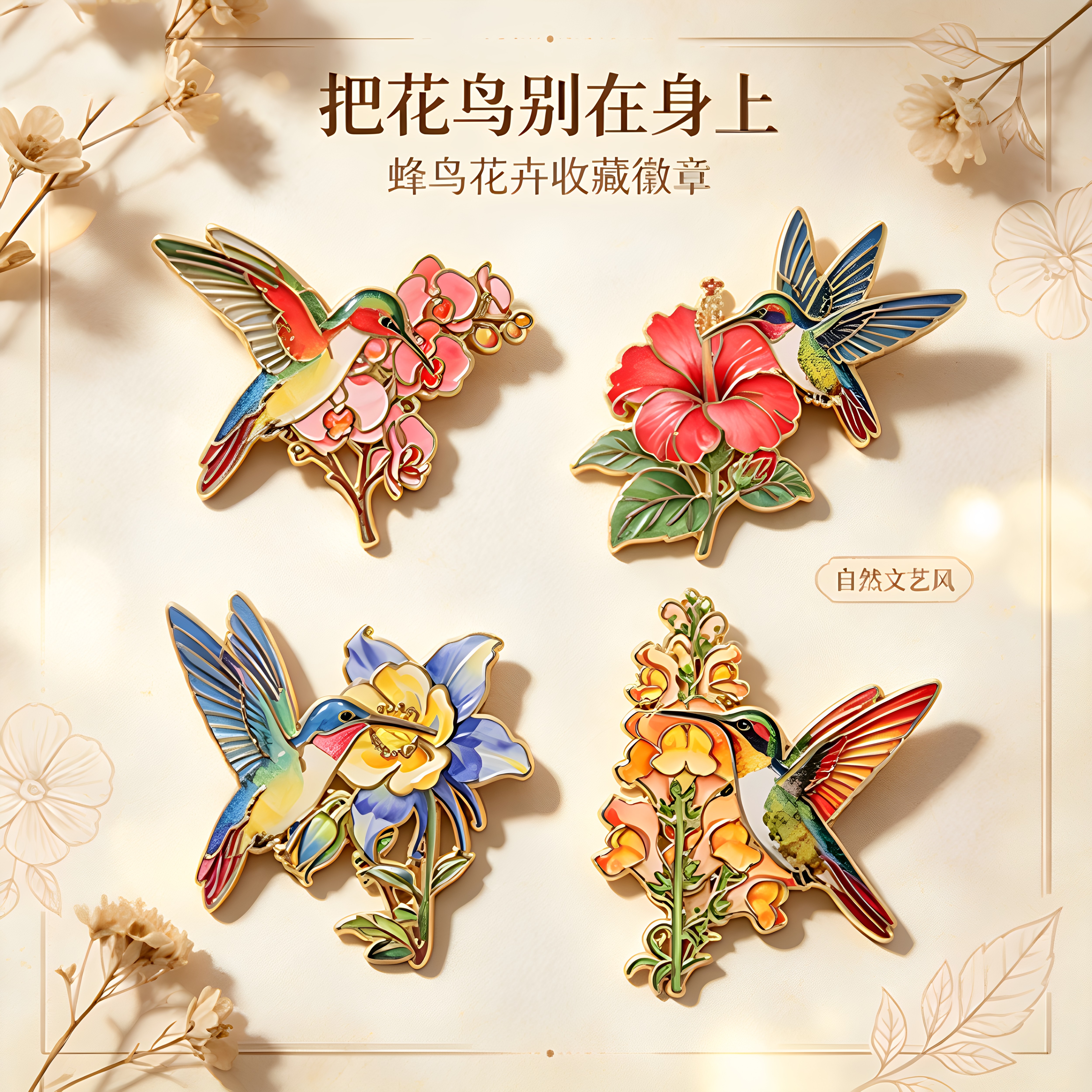 花鸟蜂鸟胸针复古彩绘花朵小鸟金属徽章精致国风西装大衣包包配饰