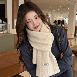 百搭学生情侣保暖防寒围脖潮 纯色针织韩版 米色围巾女冬季 2025新款