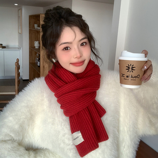 安克拉红2025新款针织纯色围巾女冬季加厚保暖简约百搭毛线围脖潮