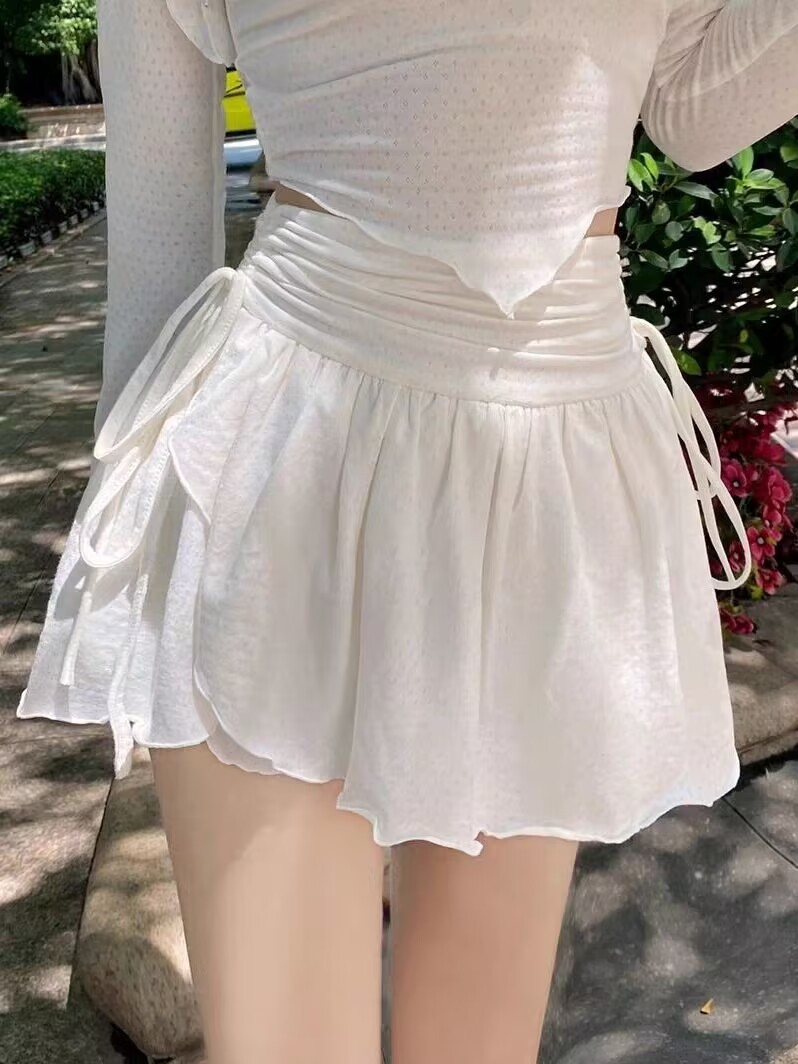 thumbnail for White short skirt female small A-line 2025 autumn pleated skirt design sense irregular skirt xs high-waisted skirt