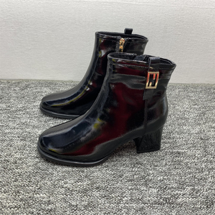 粗跟圆头侧拉链短筒棉靴 高跟鞋 断码 清仓处理亮面加绒短靴女冬季