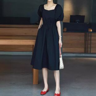 大码胖mm连衣裙女夏季抽绳收腰赫本显瘦遮肚连衣裙减龄中长款裙子