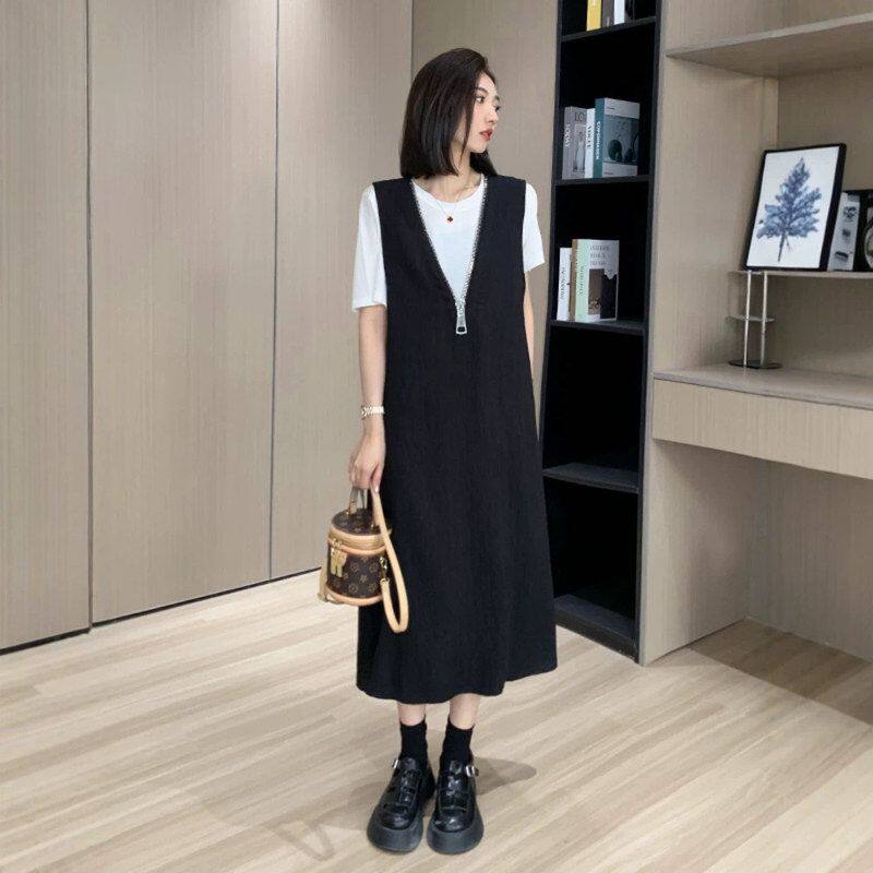 大码休闲V领背带裙短袖T恤两件套女夏微胖MM宽松显瘦洋气时尚套装
