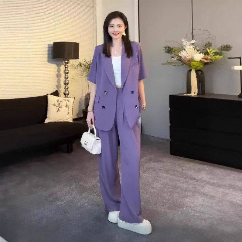 大码紫色短袖西装套装女胖MM夏季薄款宽松通勤气质高级感两件套装