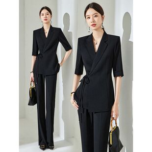 大码商务风黑色西装套装女胖MM夏季御姐轻熟两件套气质显瘦职业装