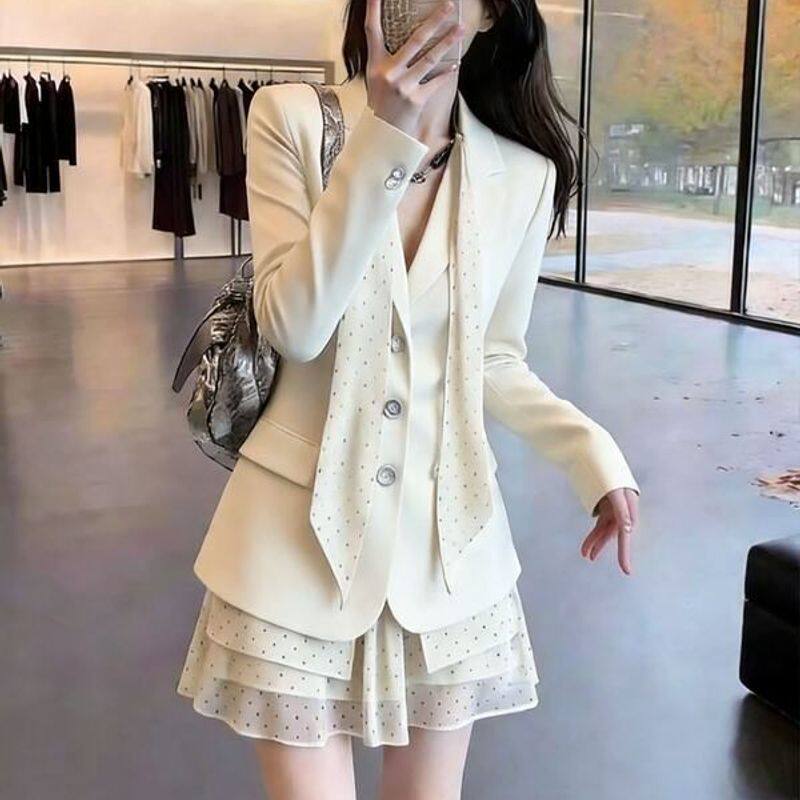 大码女装春夏新款高级感西装套装微胖MM时尚减龄波点蛋糕裙两件套