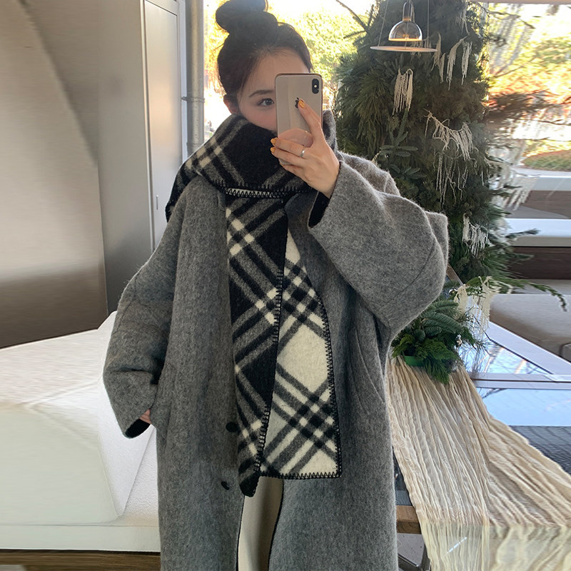 大码女装胖mm冬季韩版灰色长款大衣女高级感宽松气质翻领毛呢外套