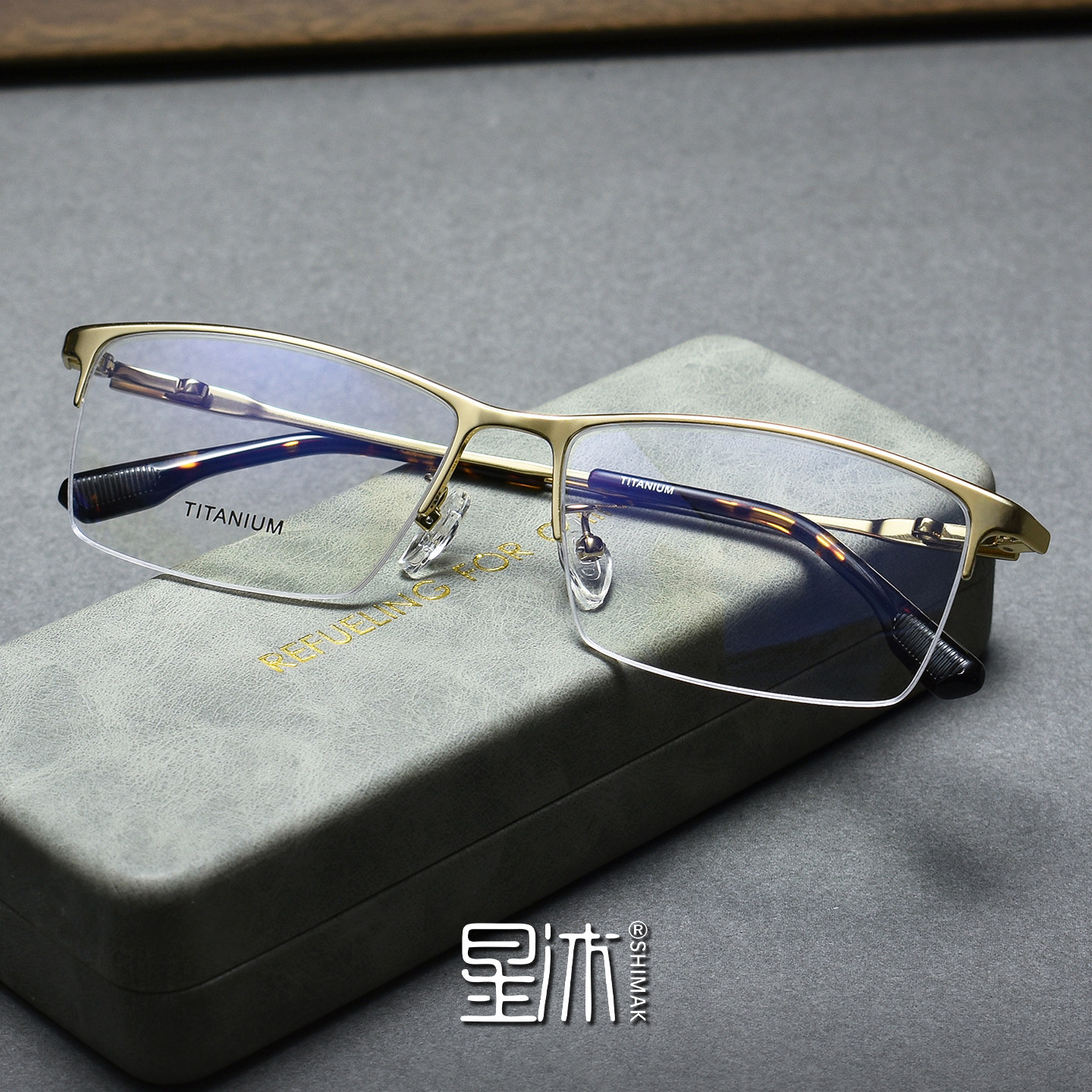 超轻纯钛架半框眼镜框男女大脸商务金色舒适方形可配近视镜防蓝光