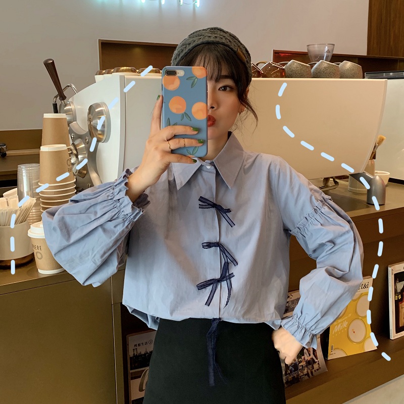 Real shot real price ~ Korean bow ribbon solid color bottoming shirt with shirt and student top