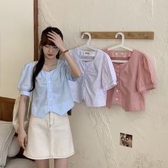 Real price Korean minority design irregular square neck bubble sleeve short shirt top