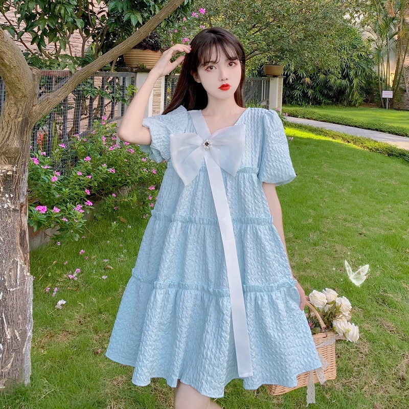 Real price French bow neck bubble sleeve loose and thin jacquard splicing baby skirt