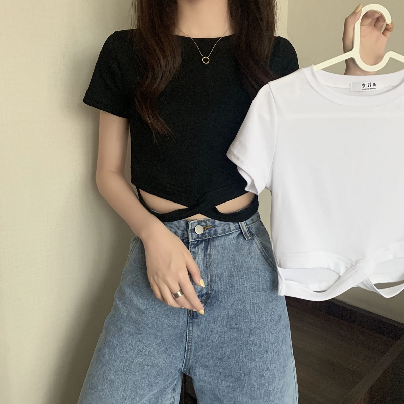 Real shot real price care machine solid irregular cross Short Sleeve T-Shirt Top