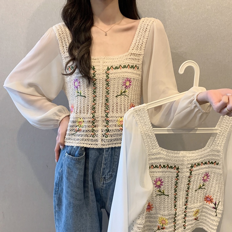 實拍實價 2021年早春新款刺繡方領雪紡拼接短款襯衣女