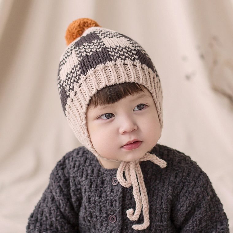 韩国进口婴儿童帽子撞色格子男女宝宝冬季毛线针织保暖毛线护耳帽