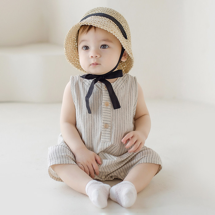 韩国进口夏款男宝宝全棉凉爽连身哈衣爬服百天周岁衣服婴幼儿童装